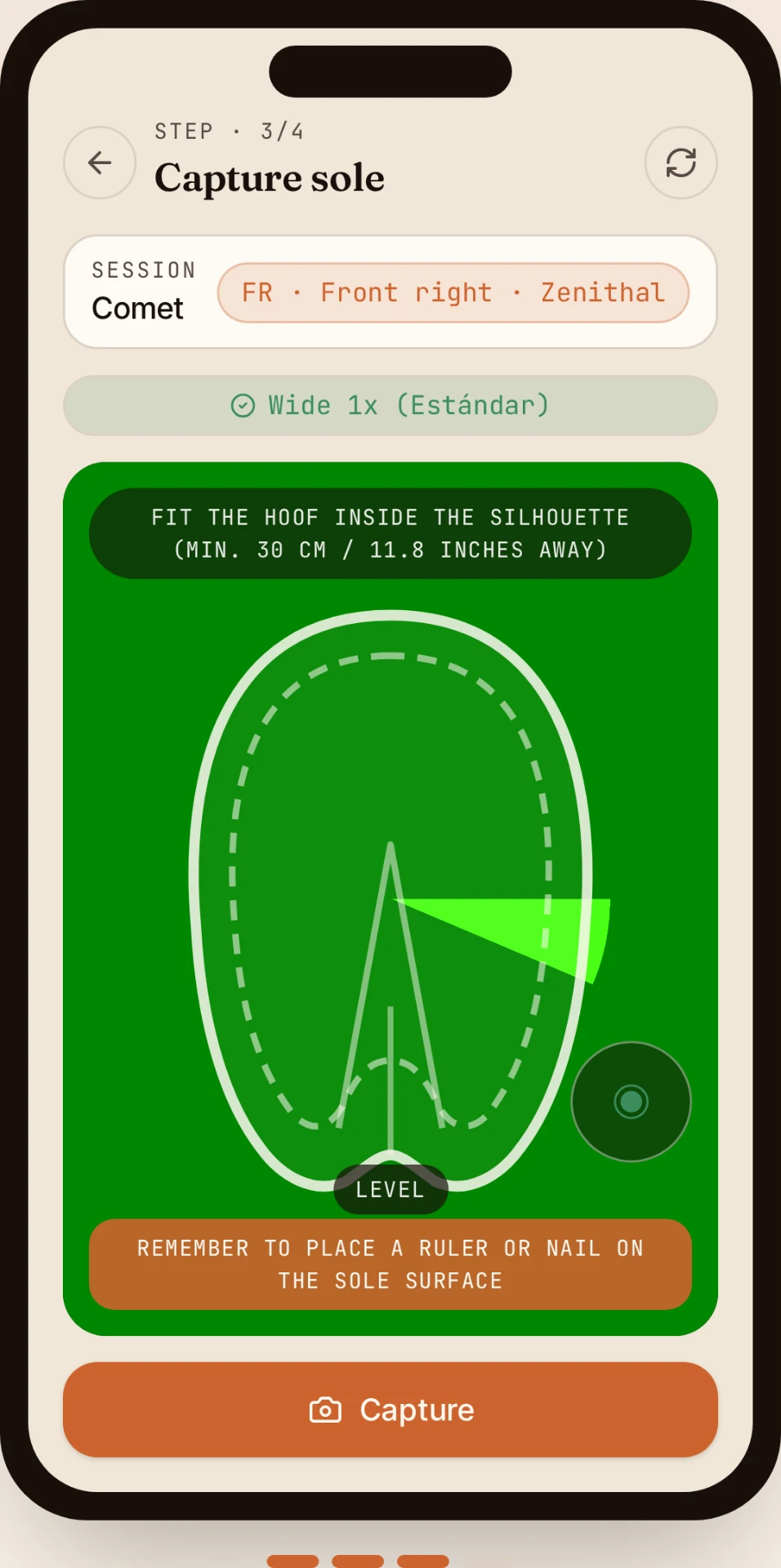 HoofCal camera screen in English aligning the hoof with the calibration object