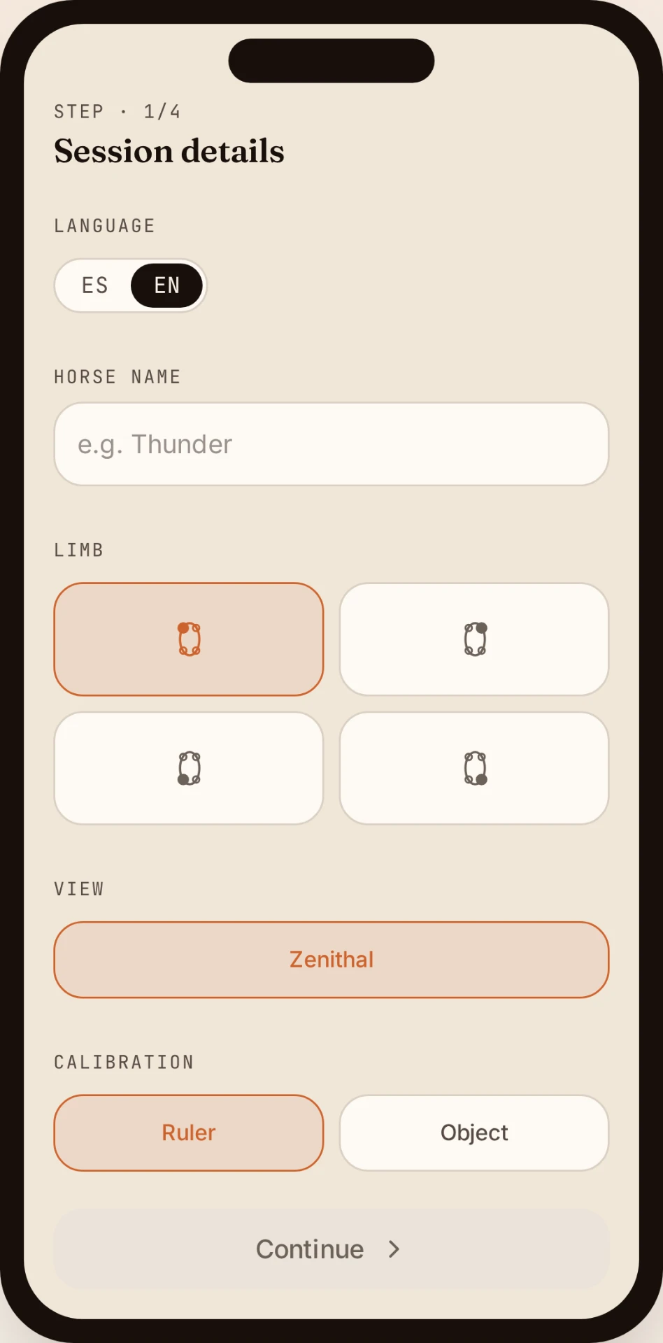 HoofCal app screenshot in English guiding hoof image capture for laminitis horseshoes